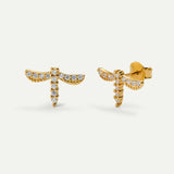 Dragonfly earrings in gold with white zirconia and nut closure