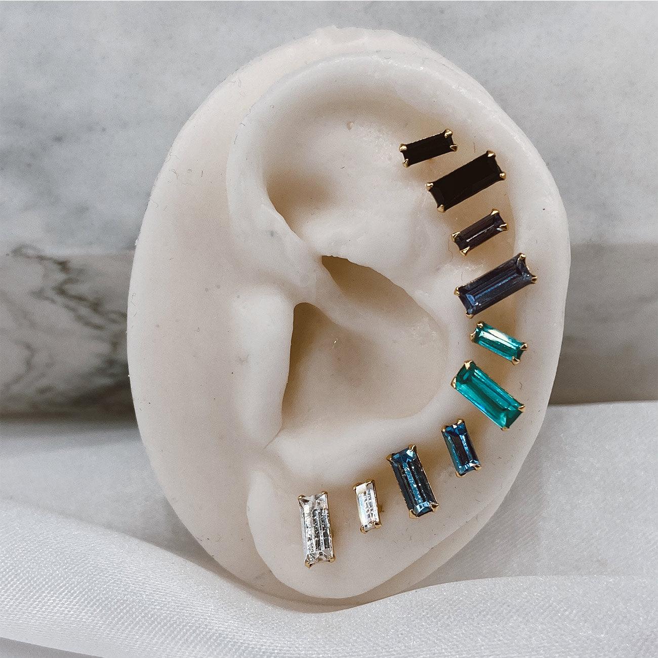 Ear Earrings Gold Plated Sterling Silver 925 Baguette Earrings with Dark Blue Zirconia