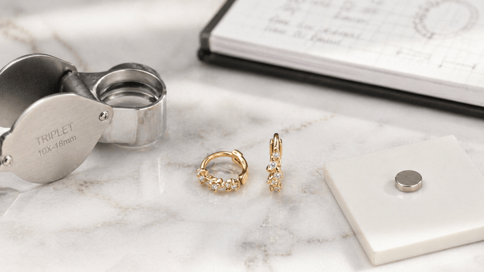 Certificat d'authenticité pour boucles d'oreilles en or 18 carats, accompagné d'une loupe de gemmologue et d'un poinçon de contraste